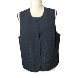 Vintage Valerie Stevens Sz 14 Navy Embroidered 100% Wool Vest Button High Neck